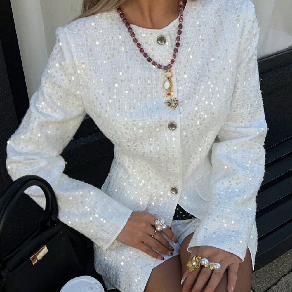 Apricot Sequined Tweed Women's Elegant Work Suit
